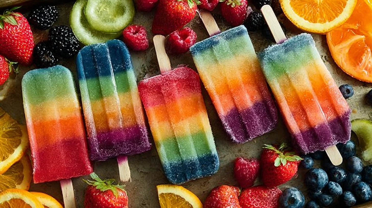 Colorful homemade rainbow popsicles on a wooden table.