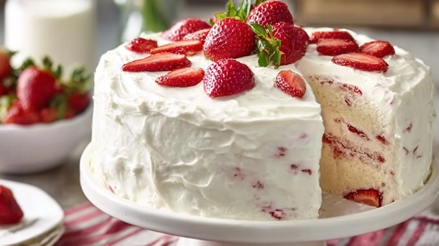 Delicious homemade strawberry cake topped with fresh strawberries