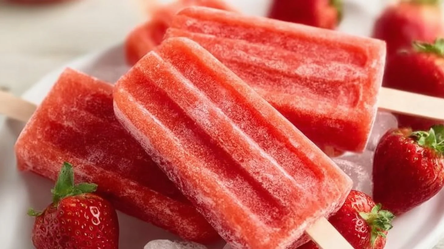 Homemade strawberry popsicles on a wooden table