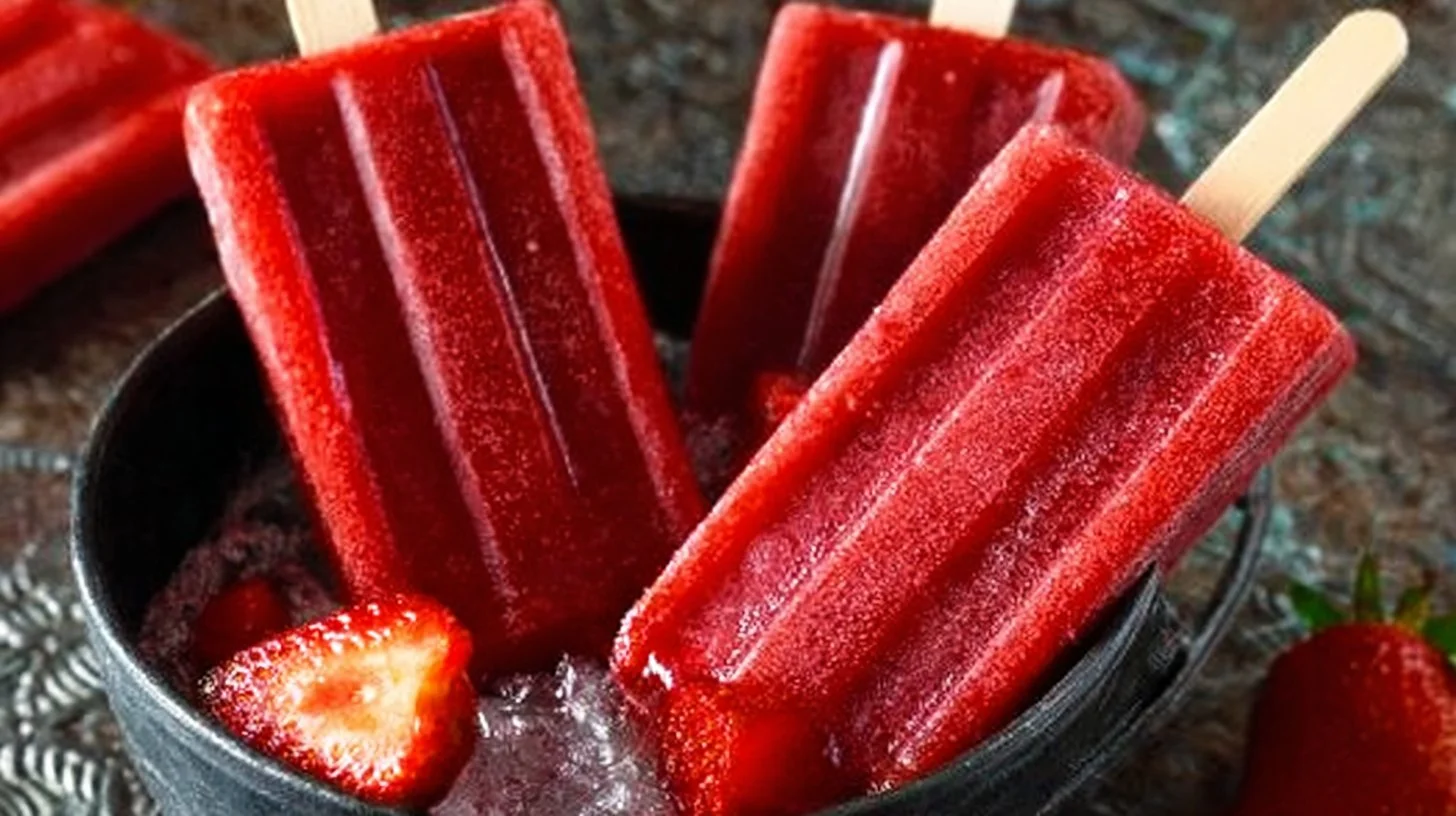 Homemade strawberry popsicles served on a plate