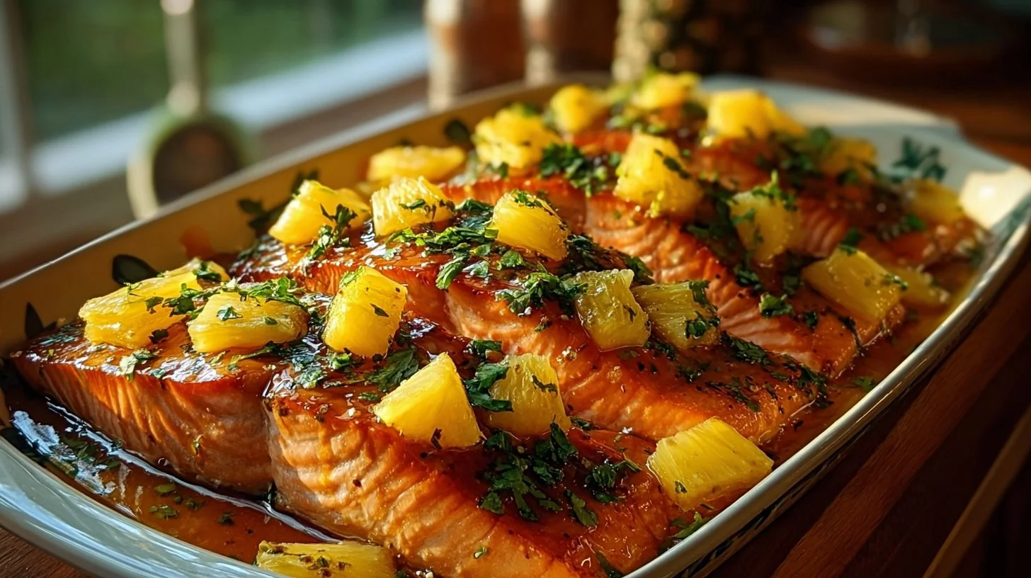 Honey Pineapple Glazed Salmon served with fresh vegetables
