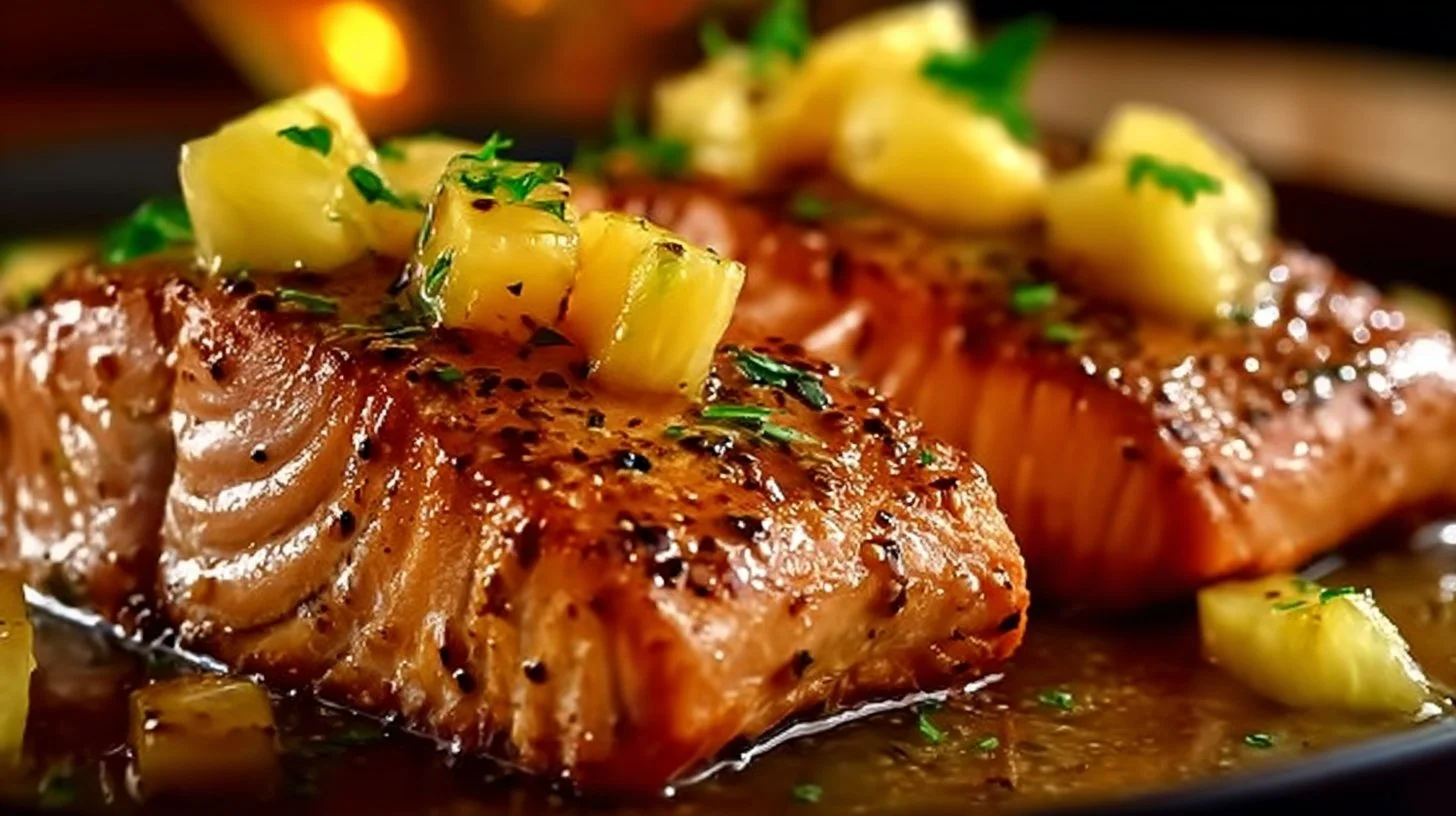 Delicious Honey Pineapple Salmon dish garnished with pineapple slices