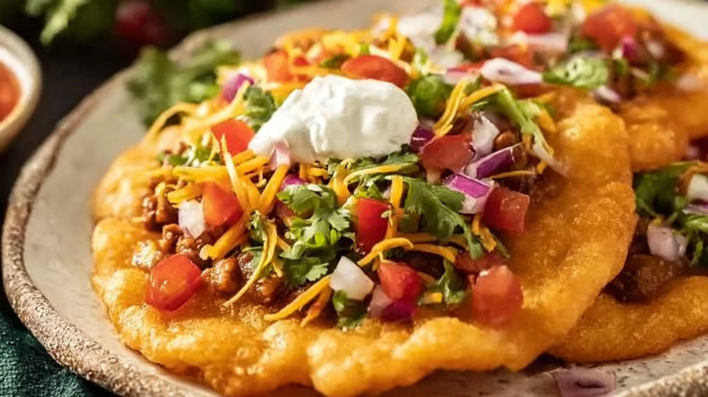 A plate of Indian fry bread tacos filled with savory ingredients and garnished.