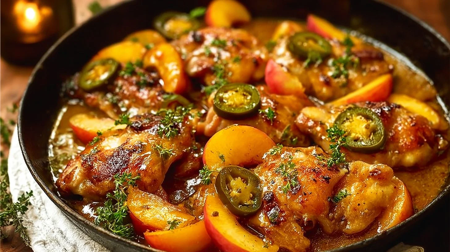 Delicious jalapeno peach chicken served on a plate with fresh herbs and spices.