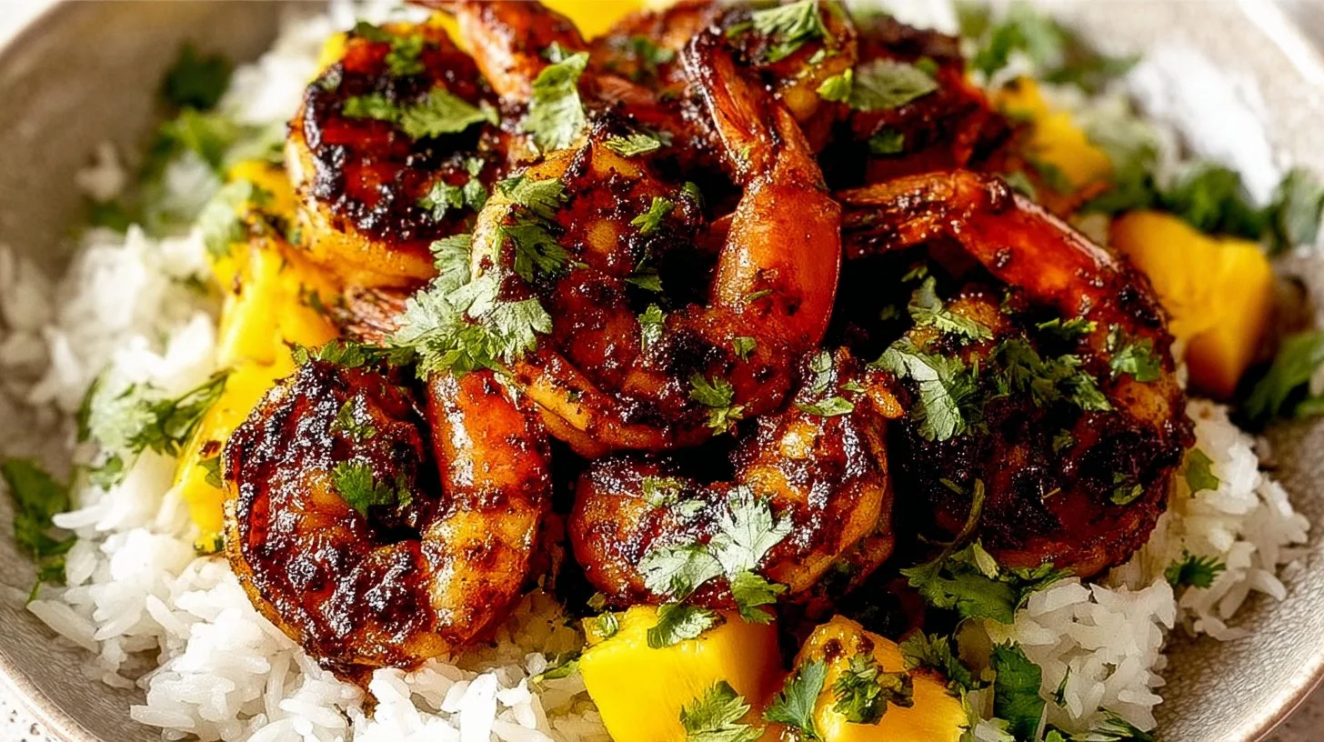 Delicious jerk shrimp served with a vibrant, spicy marinade and garnished with herbs.