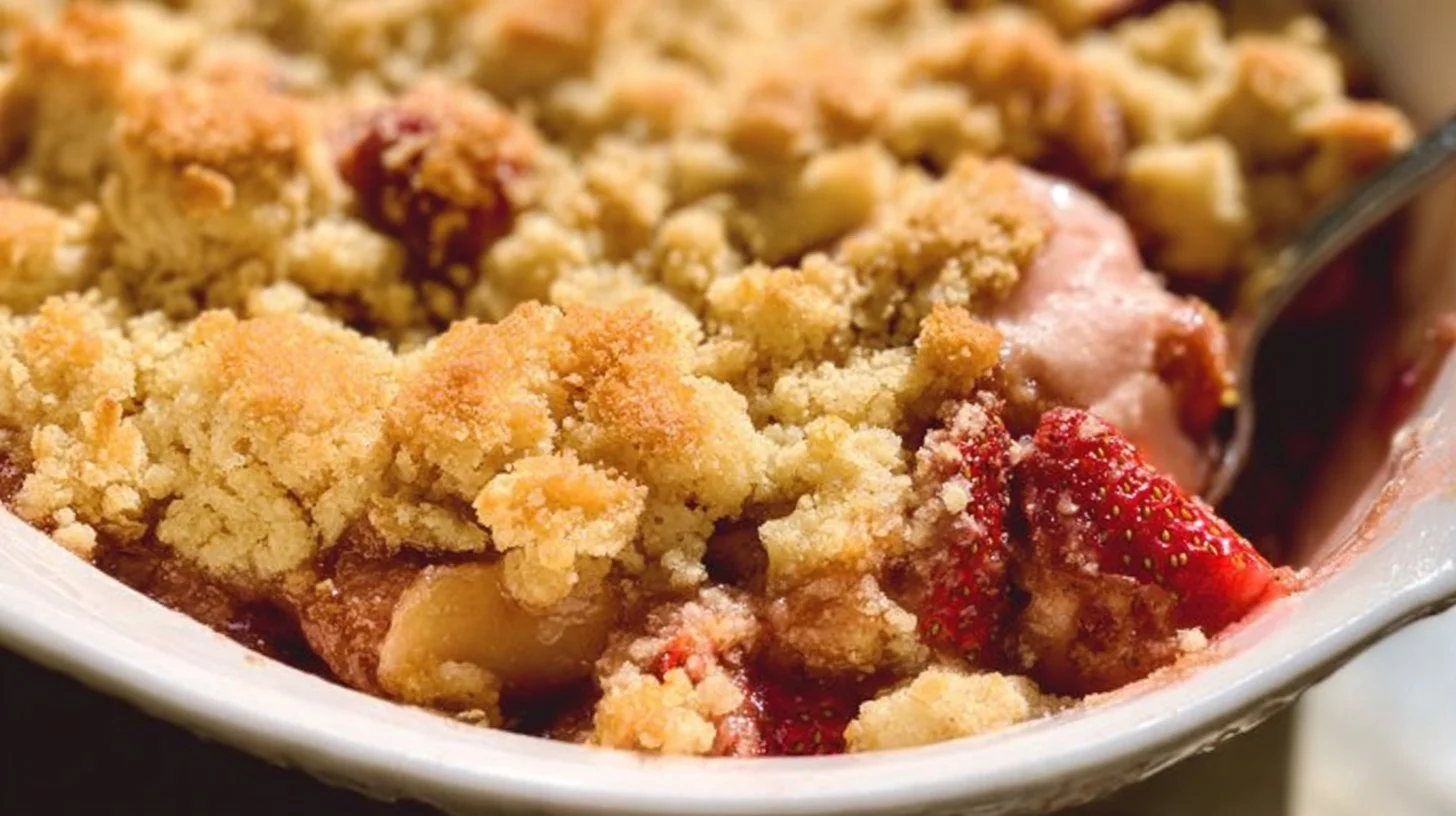 Keto Strawberry Rhubarb Crumble served in a bowl with fresh berries