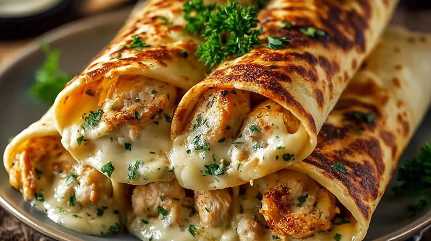 Low carb cheesy garlic chicken wraps on a plate, ready to serve