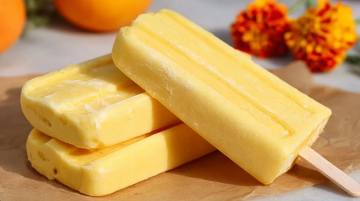 Homemade mango popsicles melting in the sun, perfect for a refreshing summer snack.