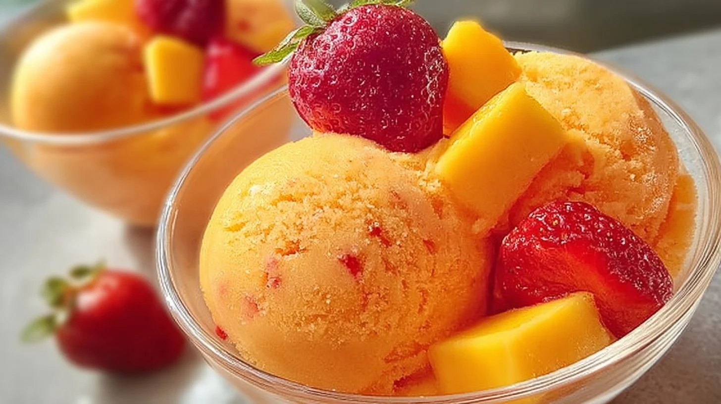 Colorful bowl of Mango Strawberry Sorbet with fresh fruit garnish.