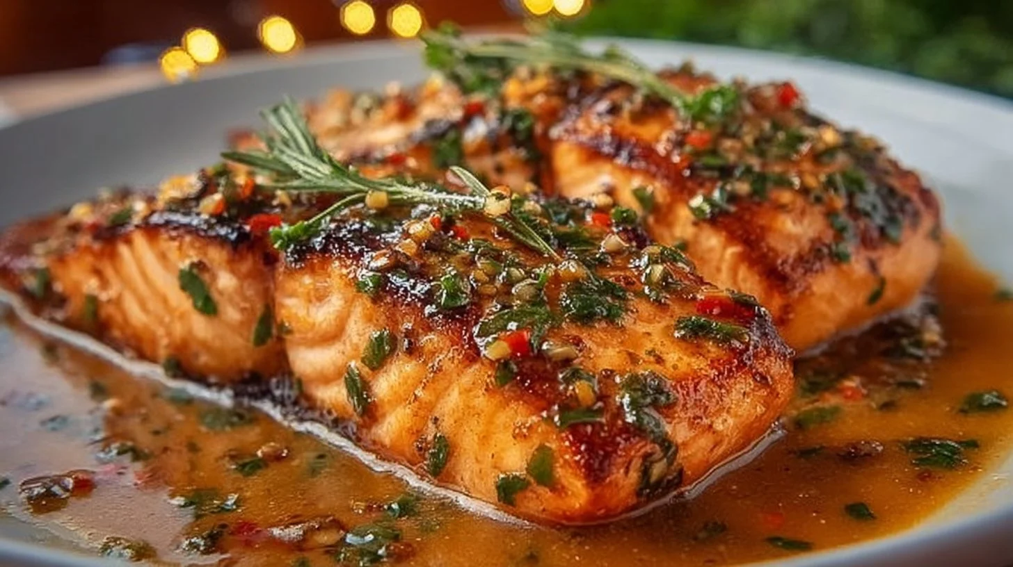 Delicious Marry Me Salmon dish garnished with herbs and lemon.