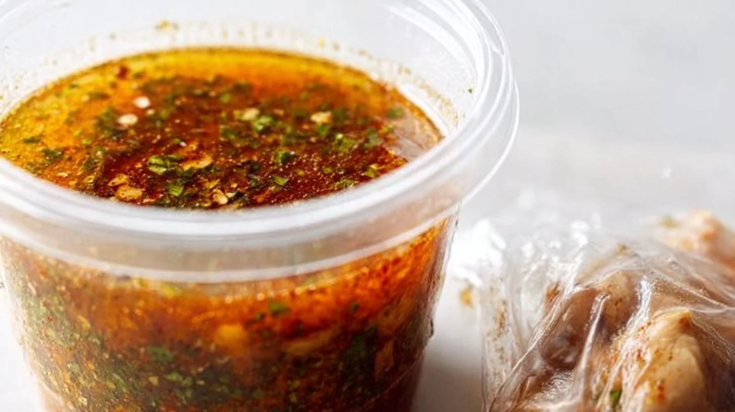 Spicy Mexican chicken marinade ingredients and prepared chicken ready to grill