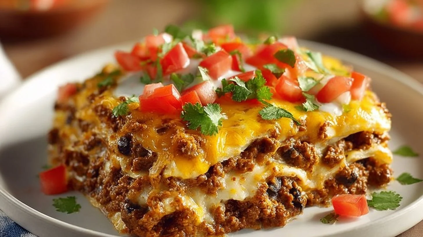 Delicious Mexican Lasagna layered with tortillas, cheese, and savory ingredients.