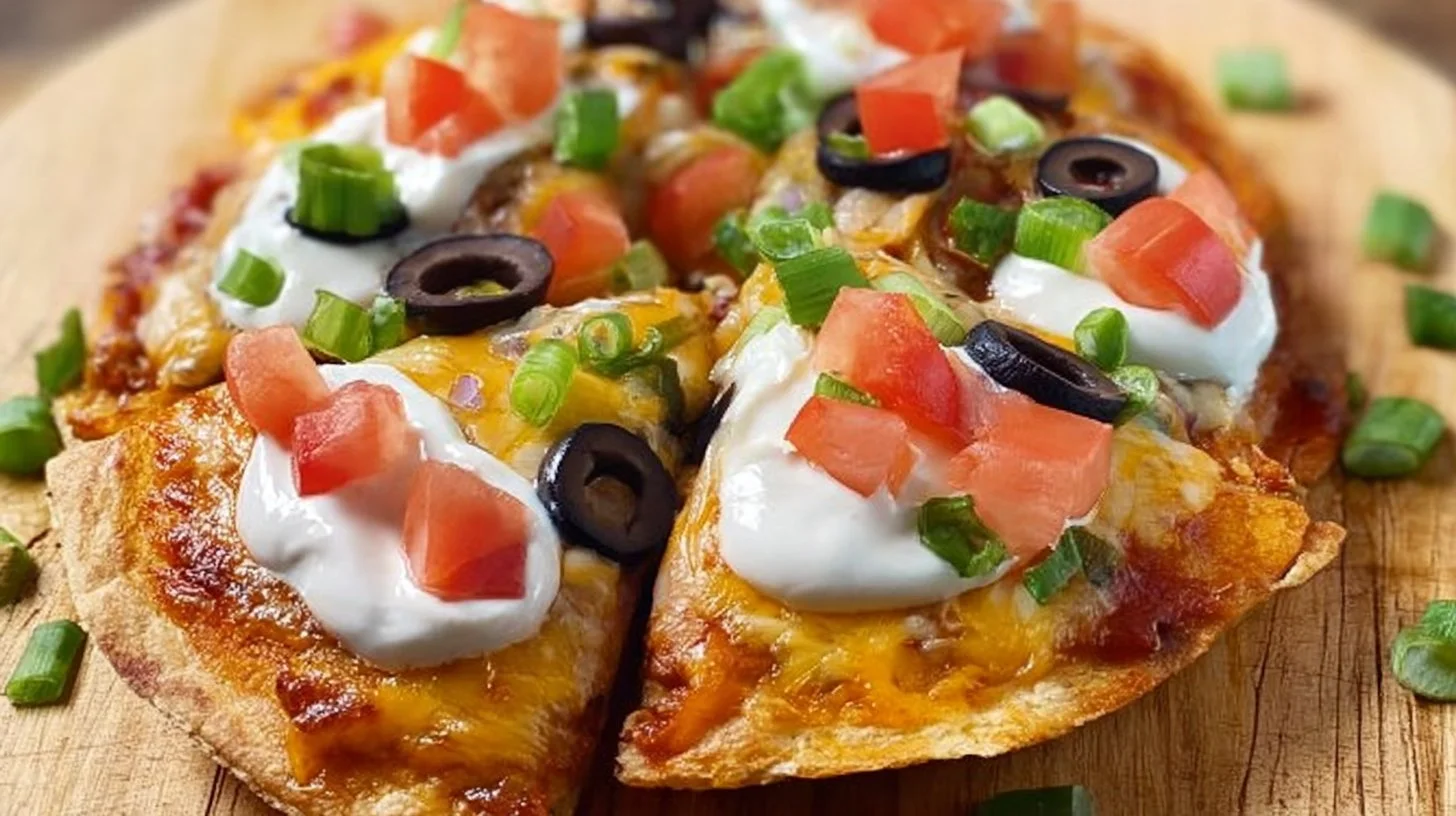 Homemade Mexican Pizza inspired by Taco Bell recipe with fresh ingredients.