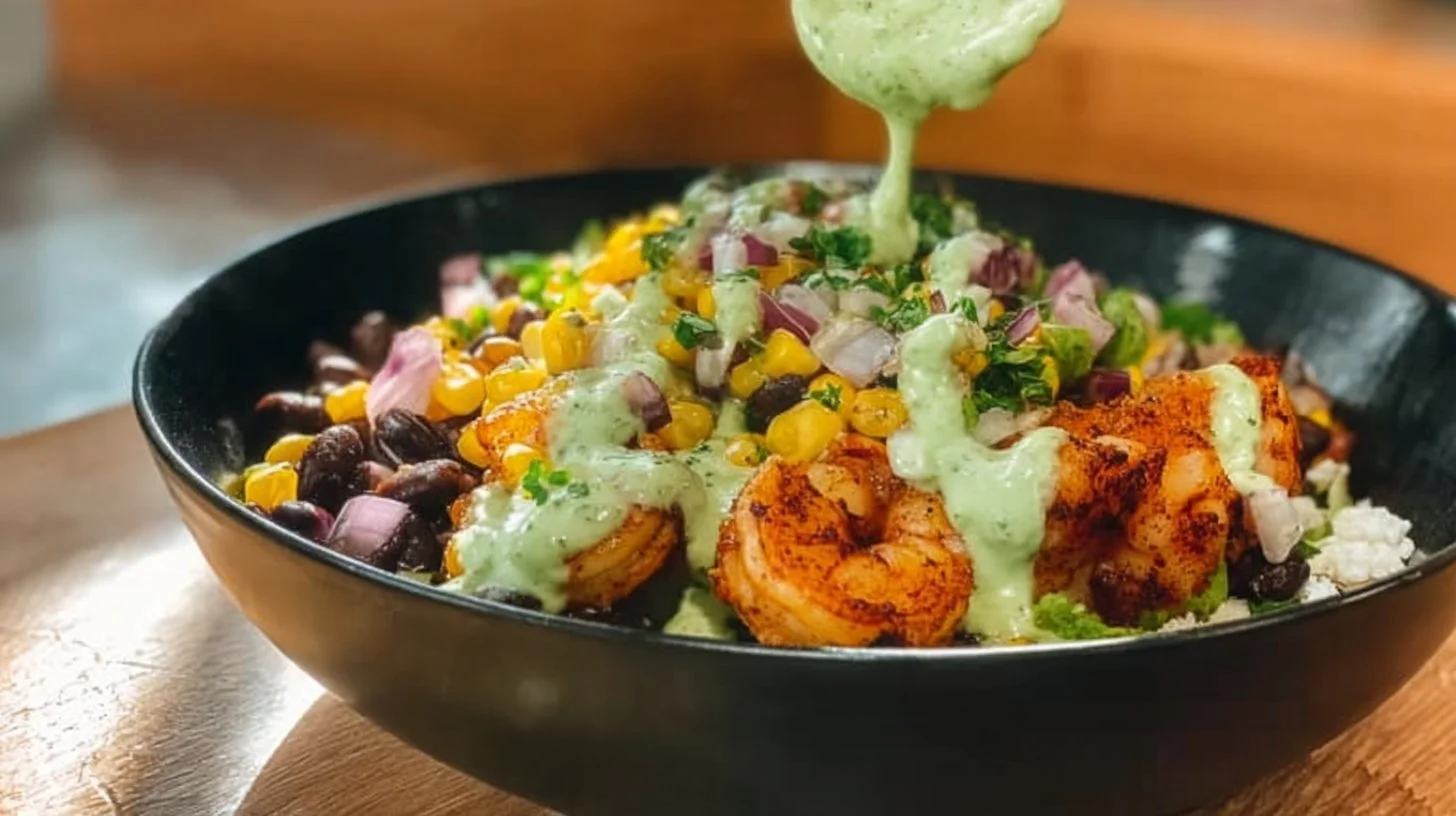 Delicious Mexican shrimp bowl with colorful vegetables and spices