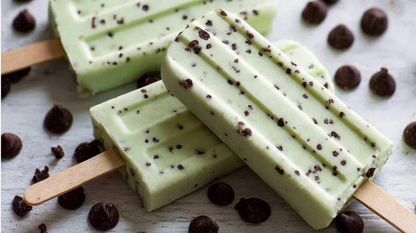Delicious homemade mint chocolate chip popsicles on a sunny day.