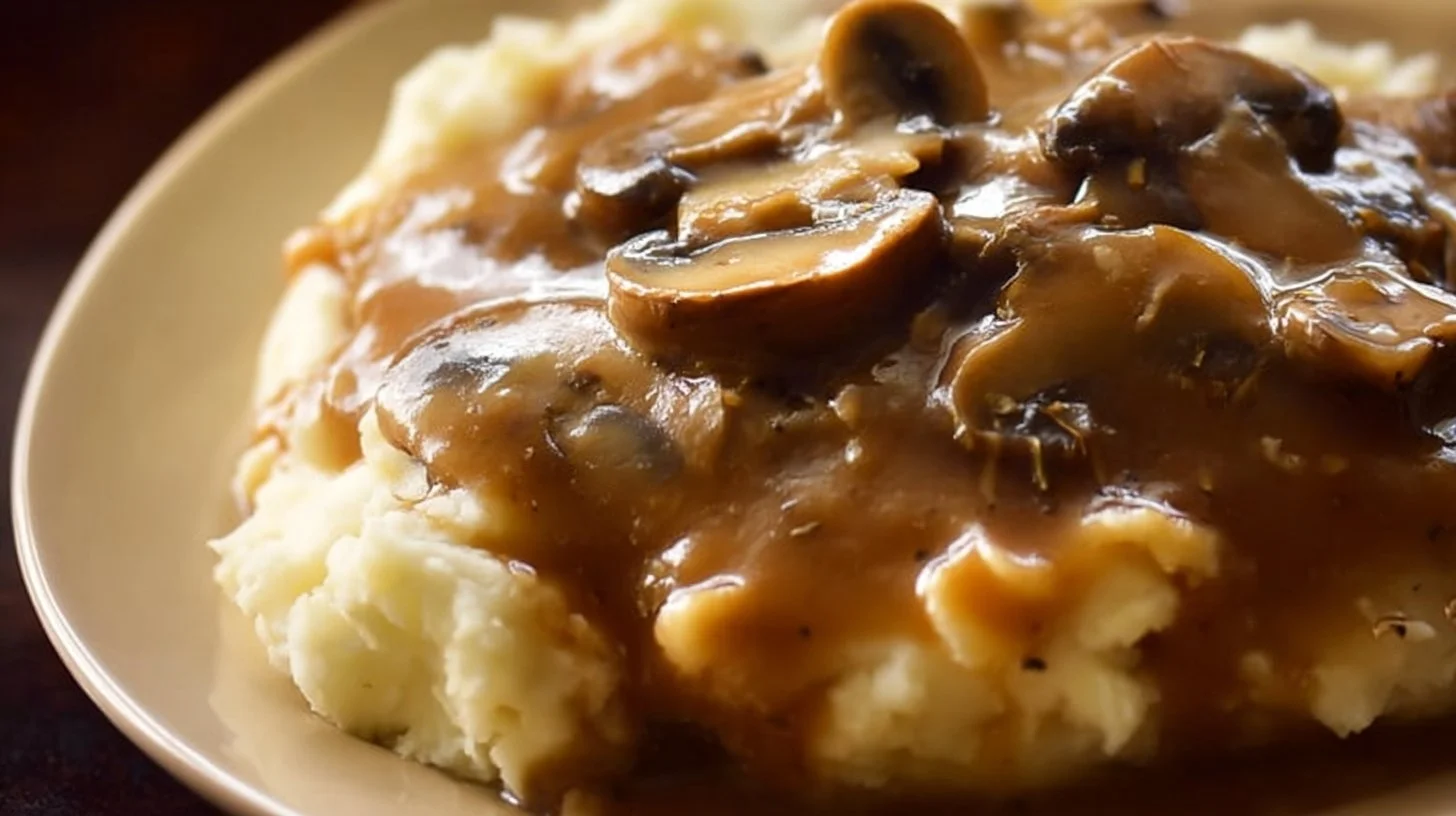 Homemade Mushroom Gravy served in a bowl with fresh herbs.