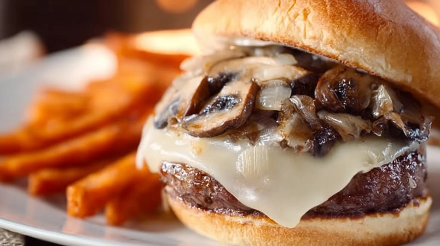 Mouthwatering Mushroom Swiss Burger with melted cheese and sautéed mushrooms