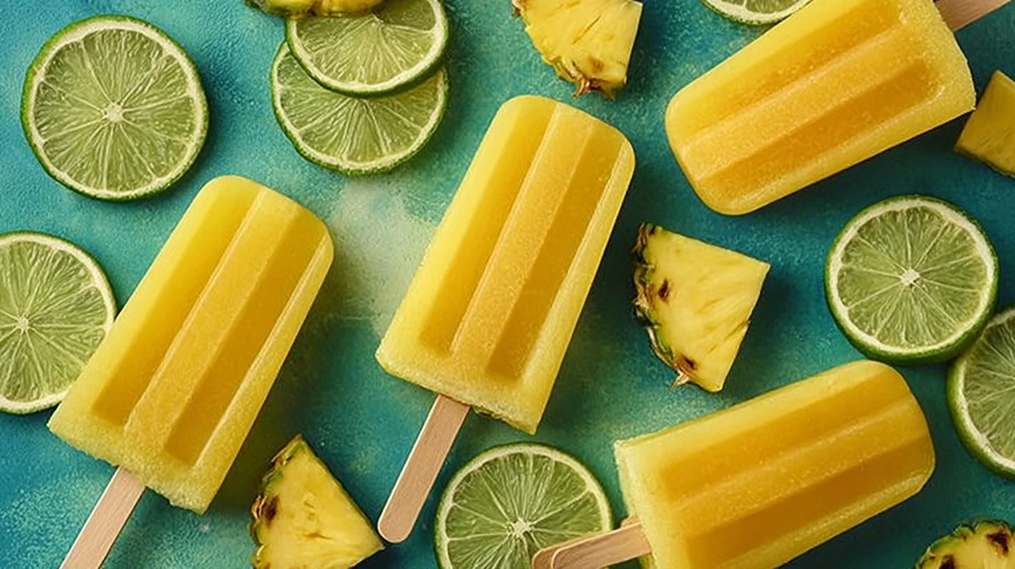 Delicious homemade Pineapple Lime Pops on a wooden table