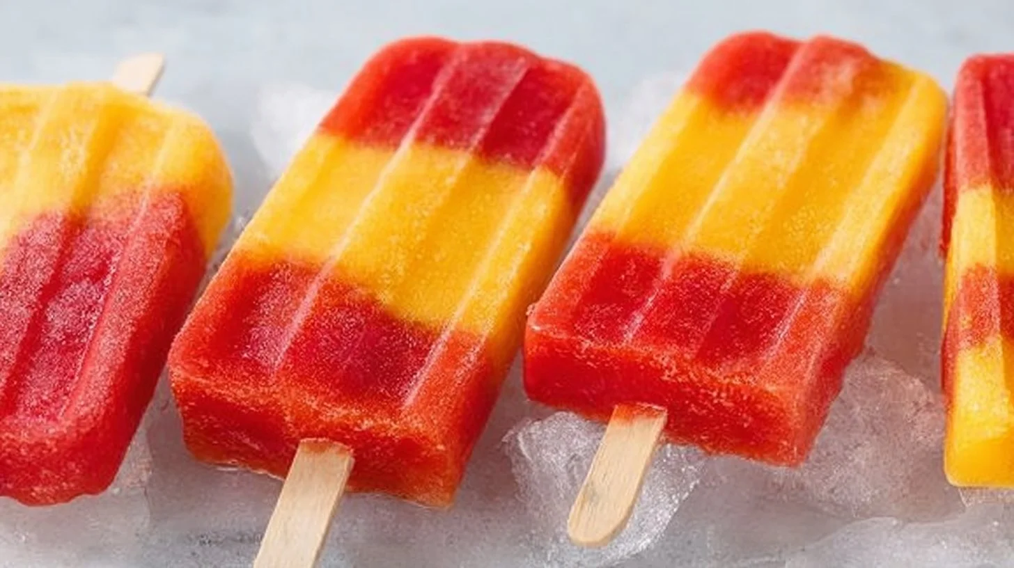 Homemade Raspberry Peach Popsicles in a colorful presentation