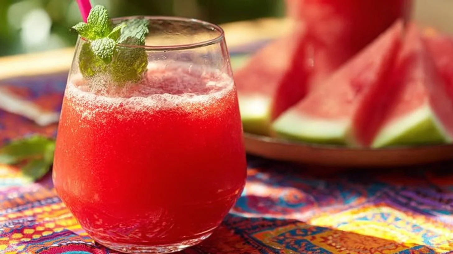 A refreshing glass of watermelon juice garnished with mint leaves.