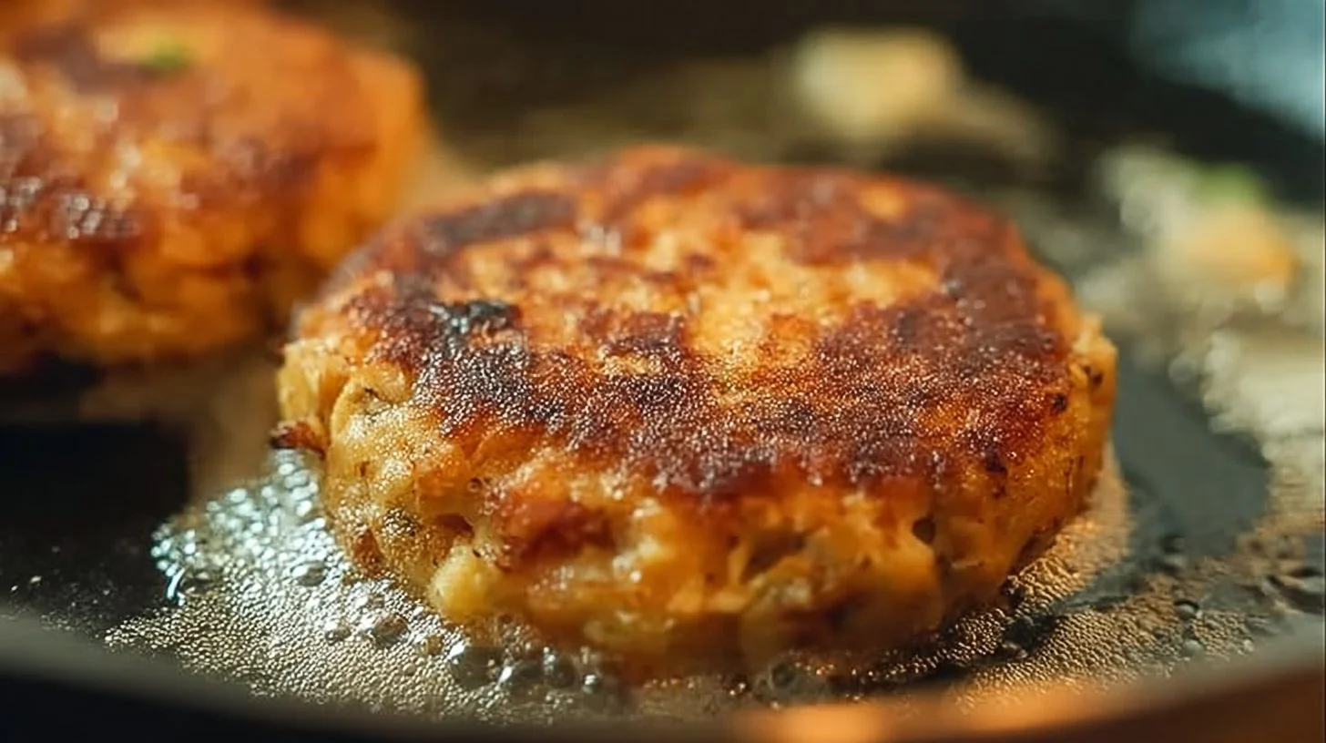 Homemade salmon patties served on a plate with lemon and herbs.