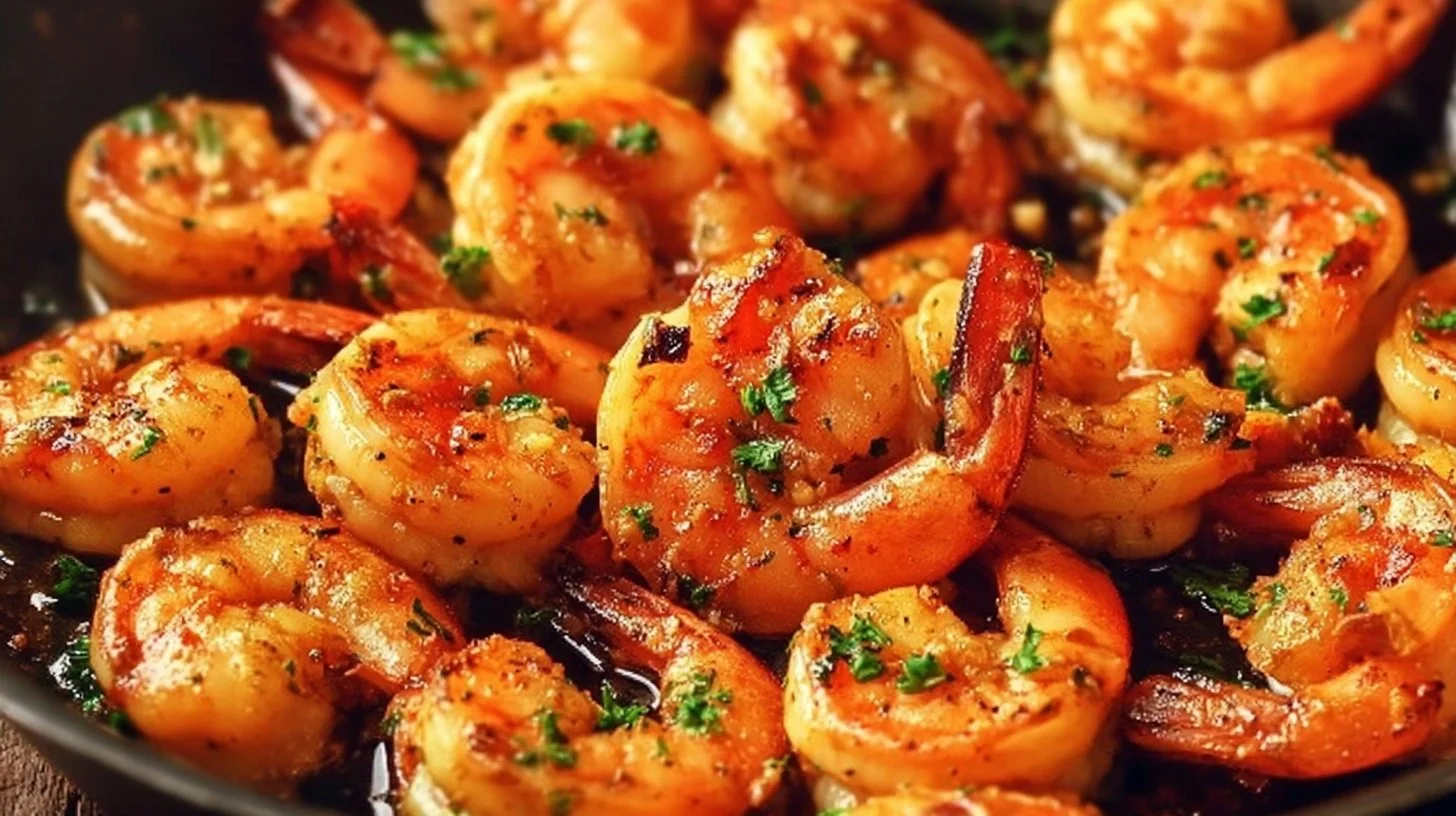 Plate of sautéed shrimp garnished with herbs and lemon slices