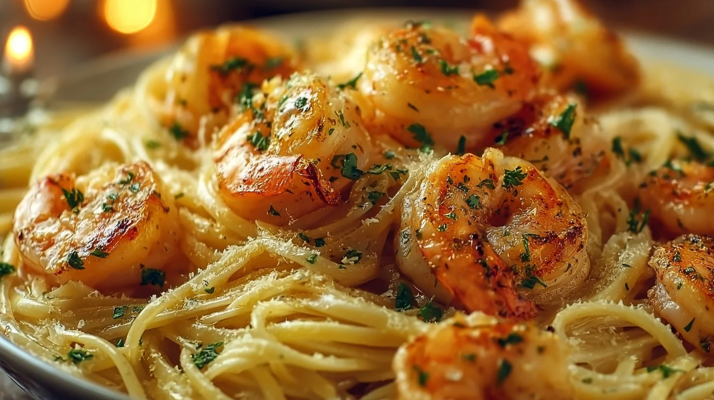 A delicious plate of Shrimp Scampi Garlic Cream Pasta topped with parsley.