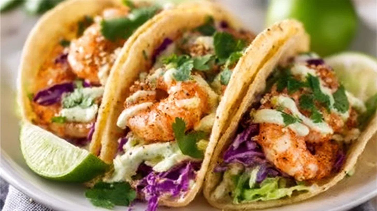Delicious shrimp tacos garnished with fresh ingredients on a plate