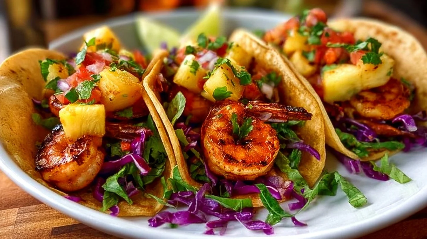 Delicious shrimp tacos with grilled pineapple salsa served on a plate