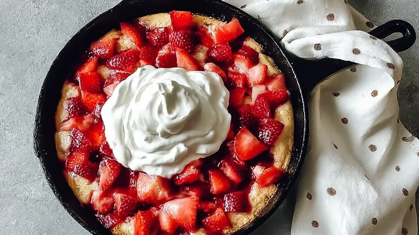 Delicious Skillet Strawberry Shortcake topped with fresh strawberries and whipped cream