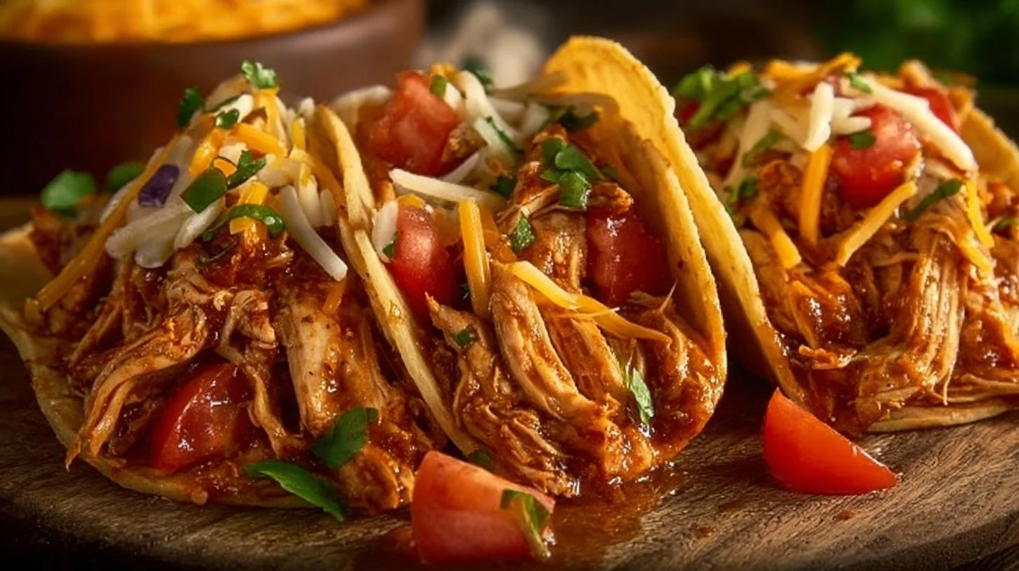 Delicious slow cooker shredded chicken tacos garnished with fresh toppings