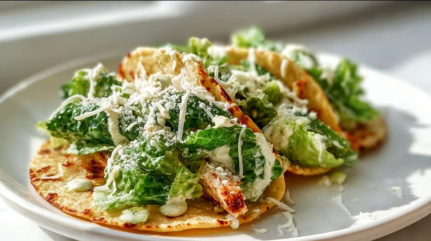 Smash Chicken Caesar Tacos with fresh lettuce and creamy dressing