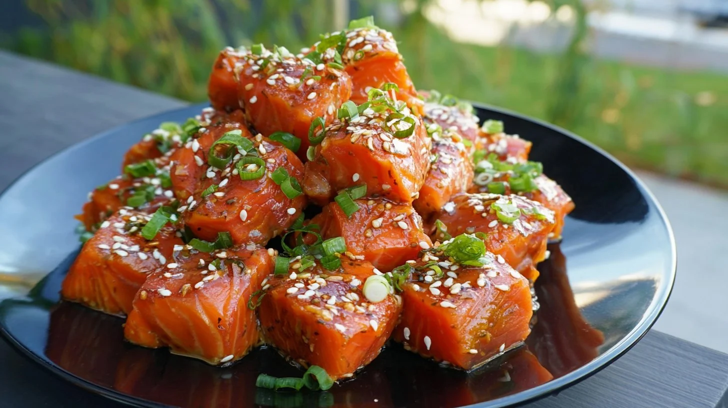 Delicious smoked salmon burnt ends served on a wooden platter.