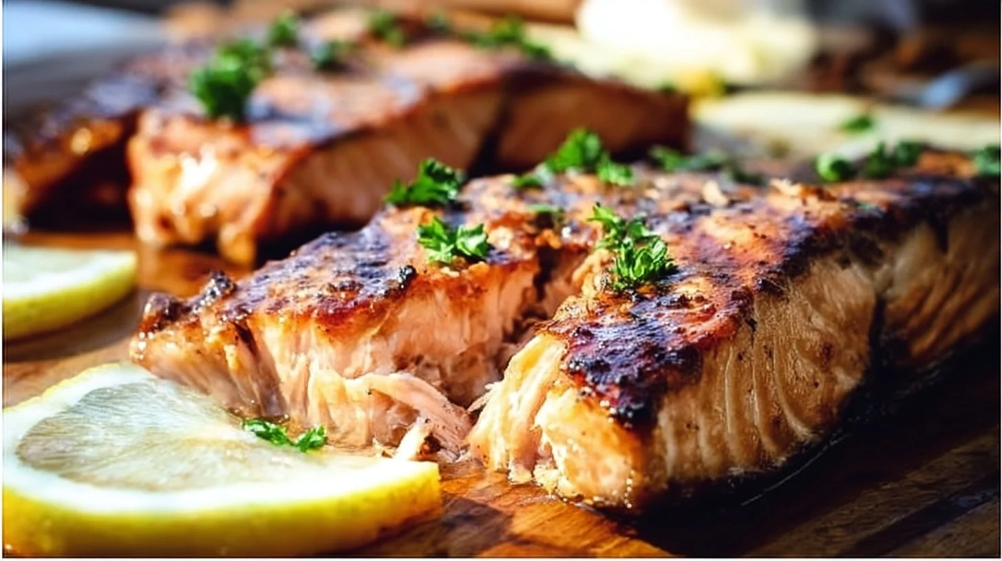 Delicious grilled salmon glazed with soy sauce and brown sugar, garnished for serving.