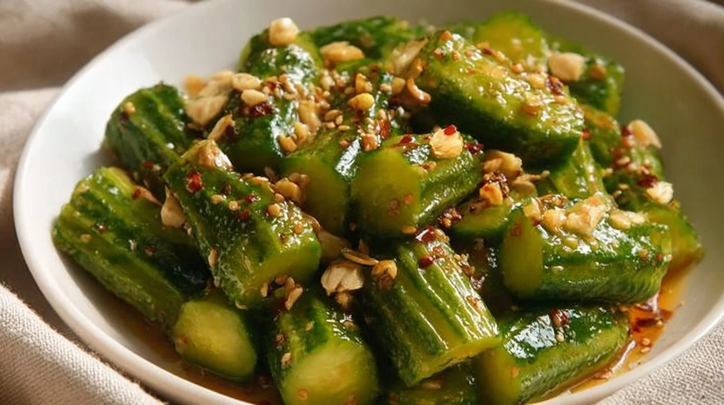 Bowl of spicy Asian cucumber salad with vibrant vegetables and dressing
