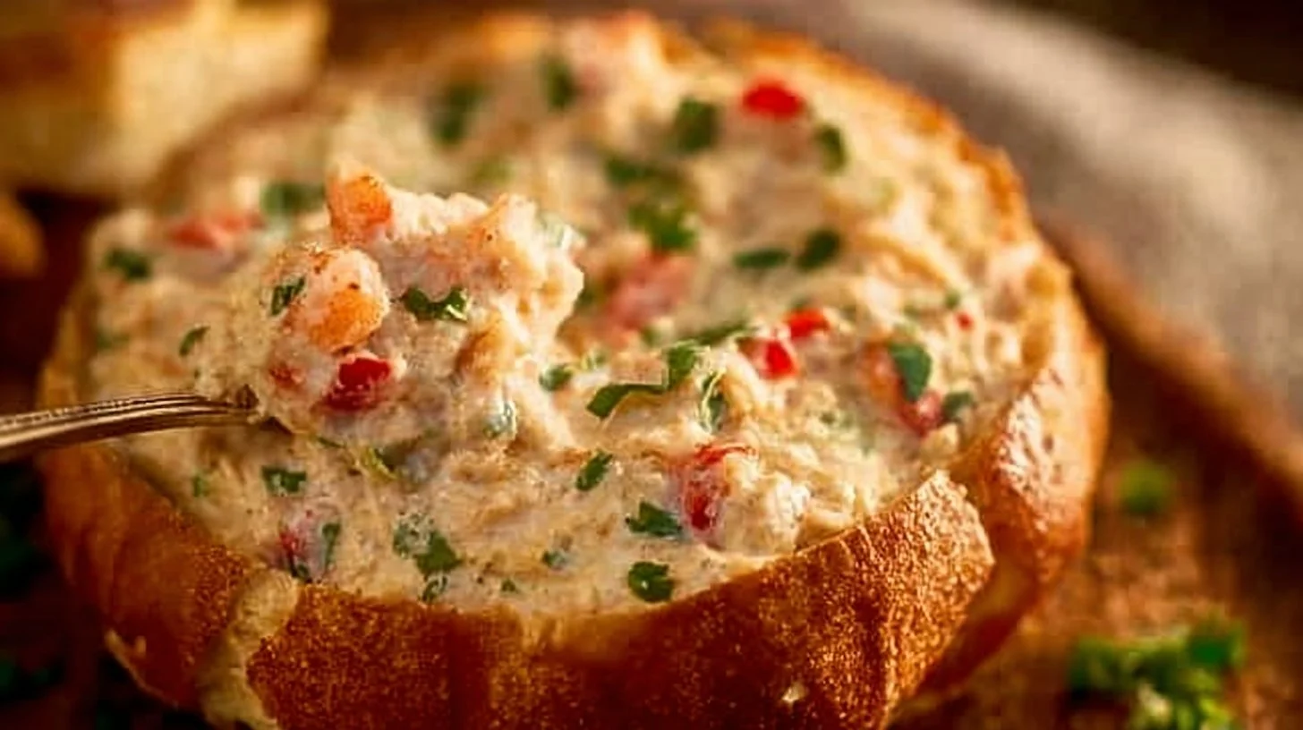 Spicy Louisiana Shrimp Dip served in a bowl with crackers and fresh herbs