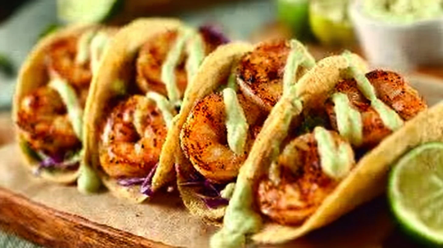 Delicious spicy shrimp tacos served on a plate with fresh toppings.