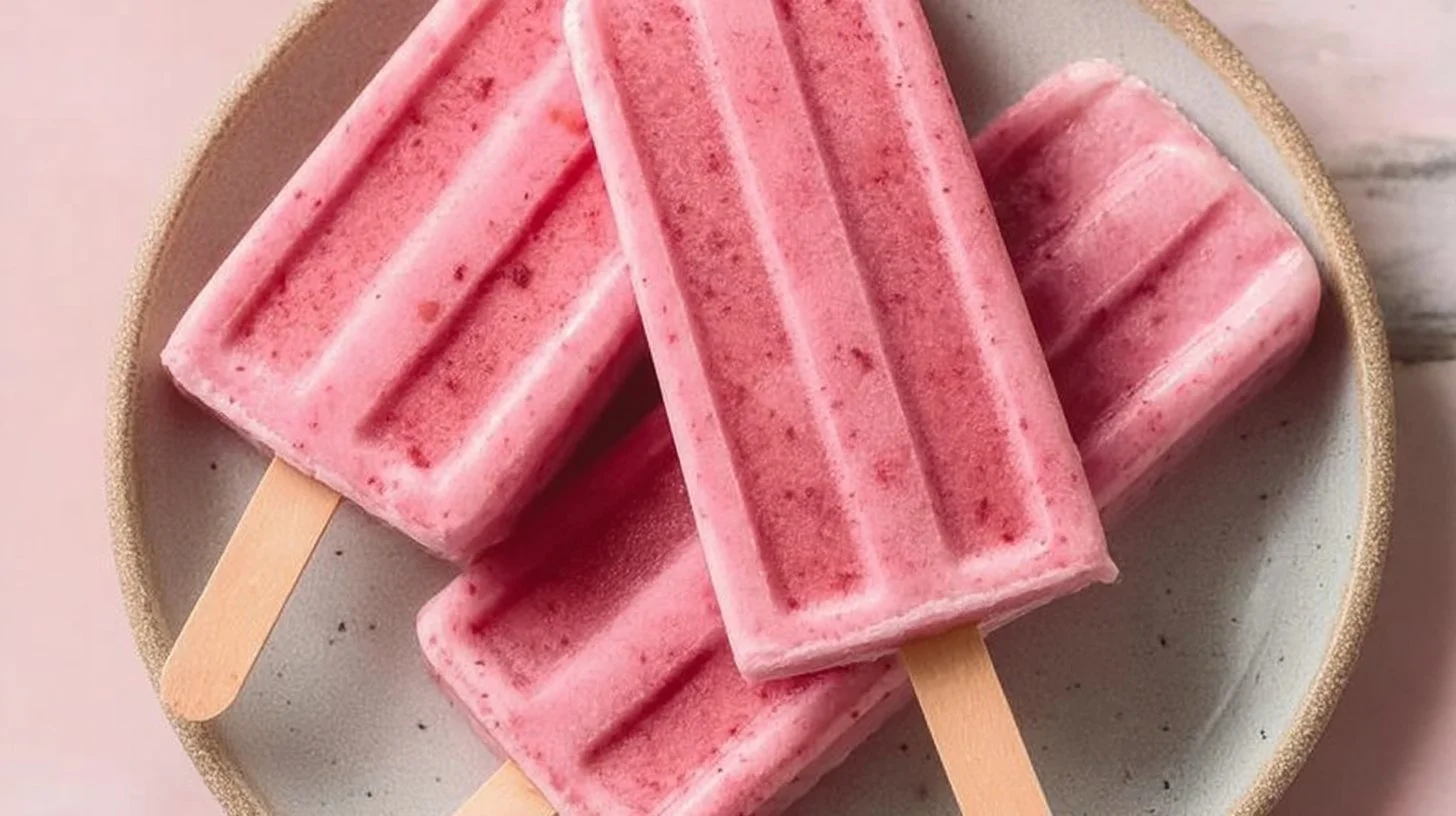 Homemade strawberry banana popsicles served on a plate