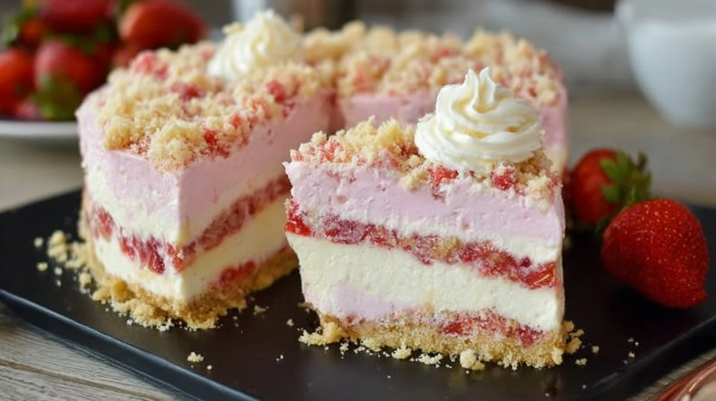 Slice of delicious strawberry crunch cheesecake with fresh strawberries on top
