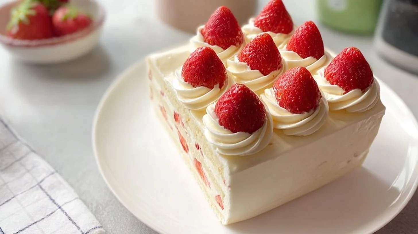 Delicious homemade Strawberry Layer Cake with fresh strawberries and frosting.