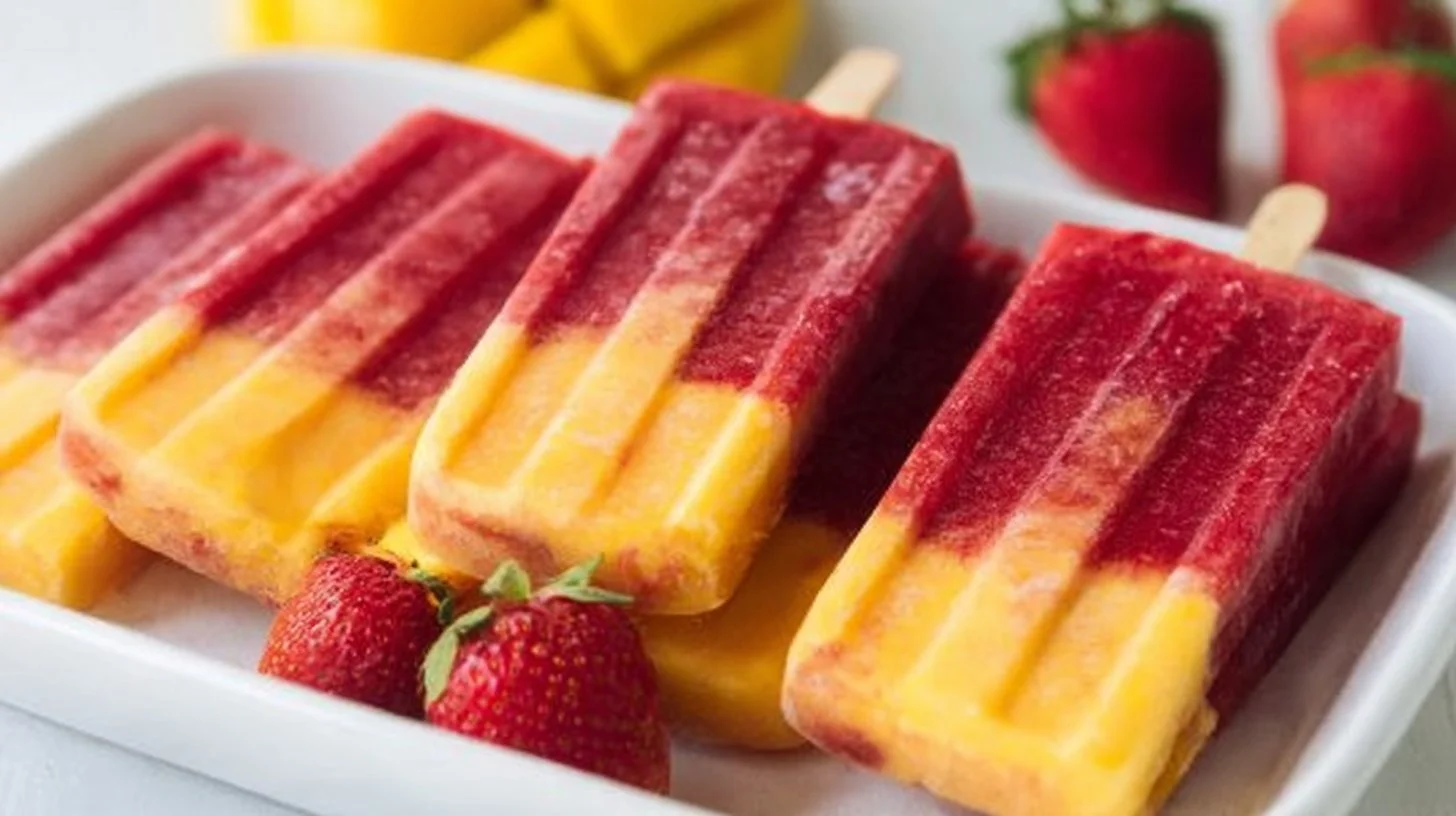 Fresh Strawberry Mango Popsicles on a sunny day