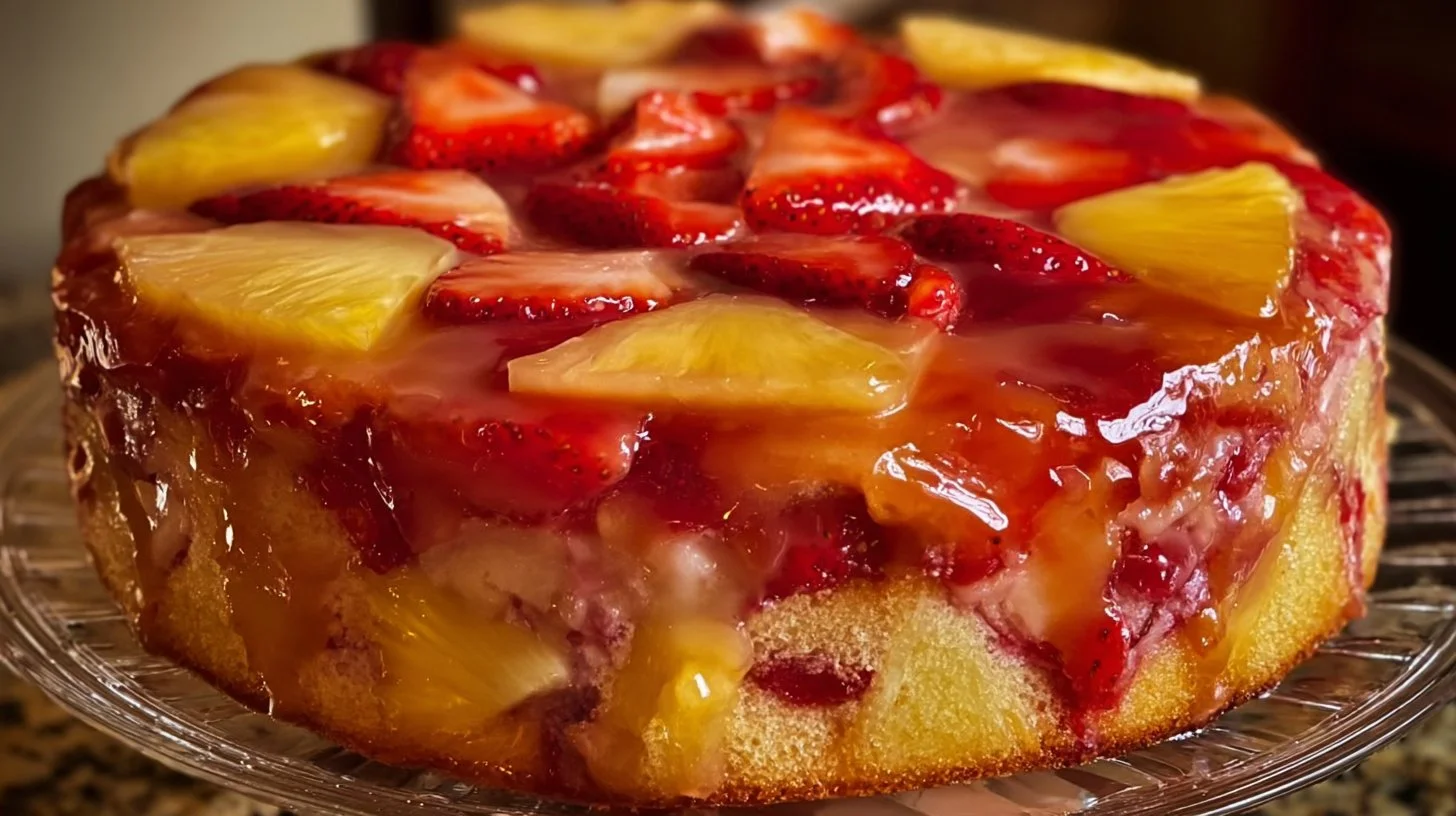Delicious Strawberry Pineapple Pound Cake with fresh strawberries and pineapple slices