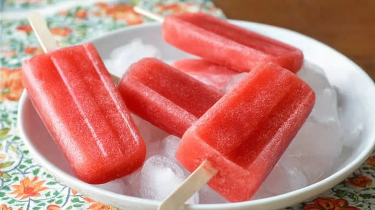 Homemade strawberry popsicles on a sunny day