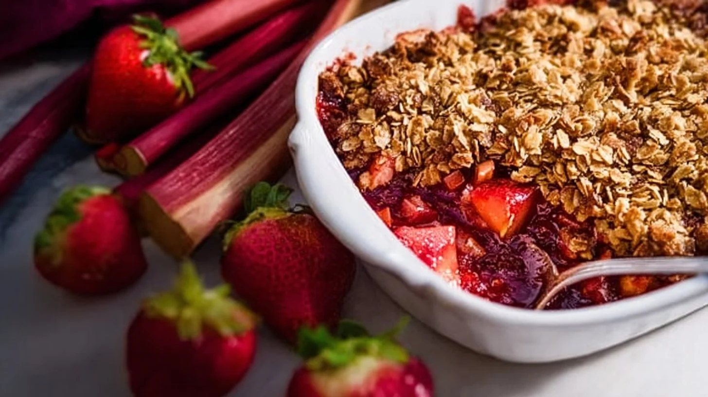 Delicious homemade strawberry rhubarb crisp dessert in a baking dish