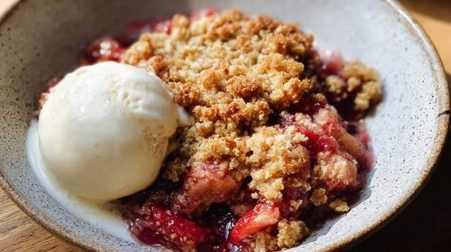 A delicious Strawberry Rhubarb Crisp topped with a golden oat crumble