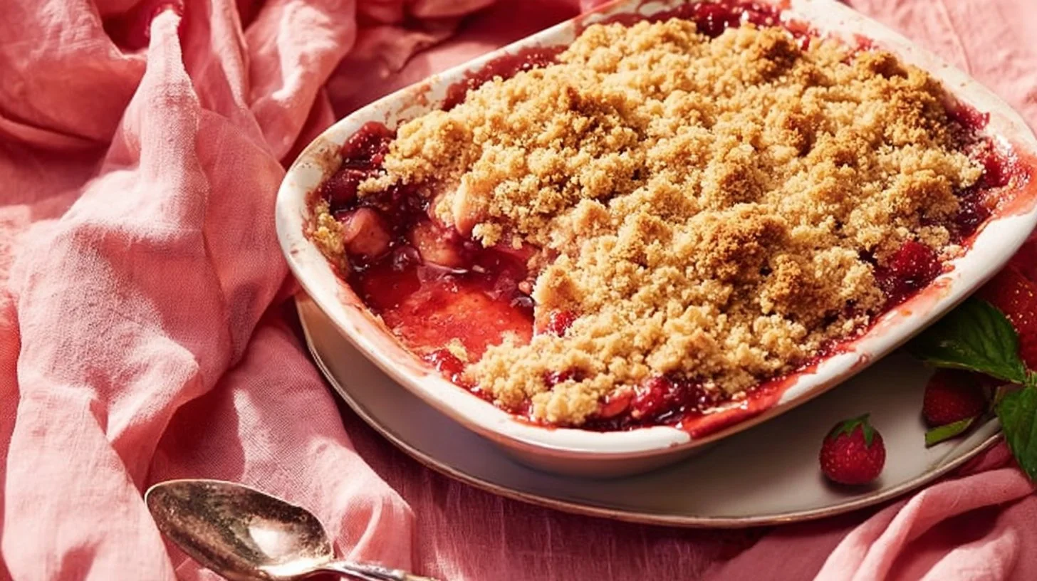 Delicious strawberry rhubarb crisp baked dessert topped with crunchy oats.