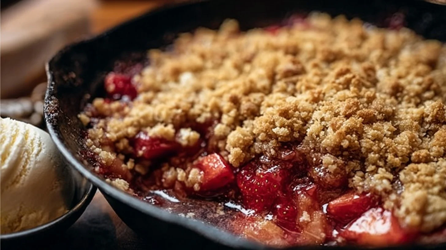 Delicious Strawberry Rhubarb Crisp fresh out of the oven with a crispy topping.