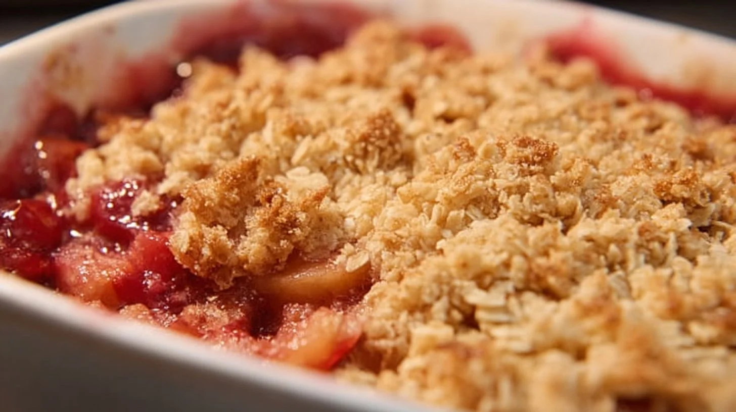 Delicious strawberry rhubarb crisp served in a bowl, topped with ice cream.