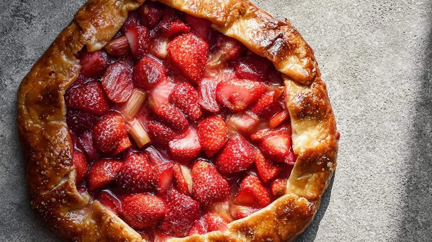 Freshly baked Strawberry Rhubarb Galette on a rustic wooden table.