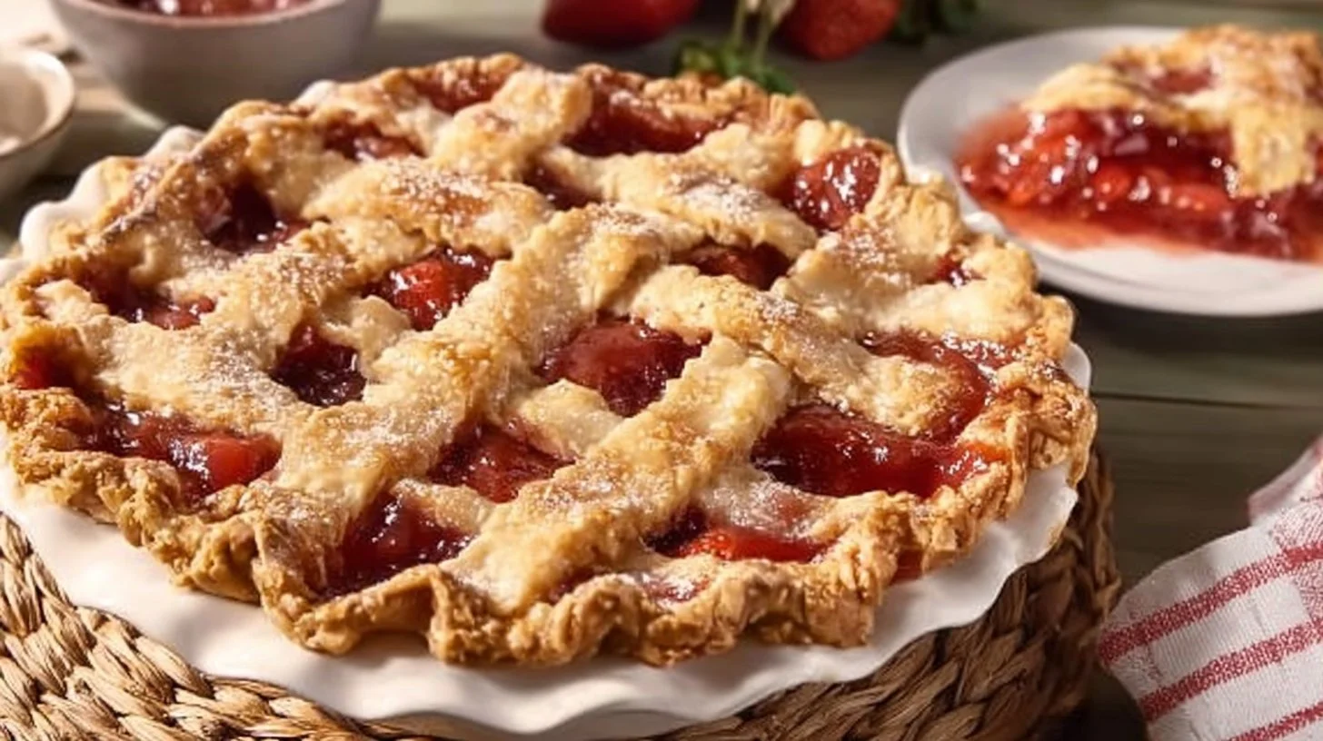 Delicious homemade Strawberry Rhubarb Pie with a flaky crust and vibrant filling.